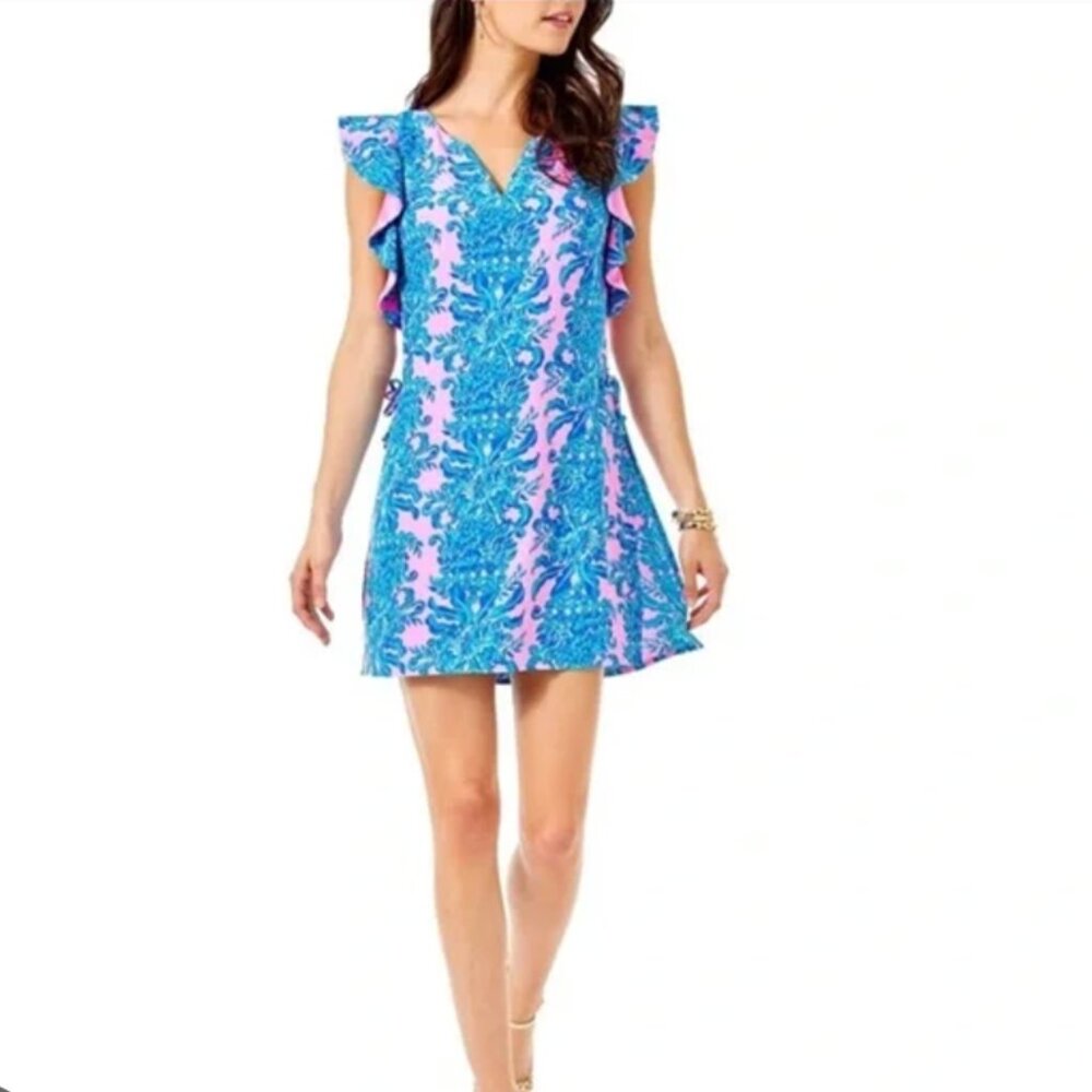 Lilly Pulitzer Astara Pink & Blue Printed Ruffle Sleeve Romper Dress